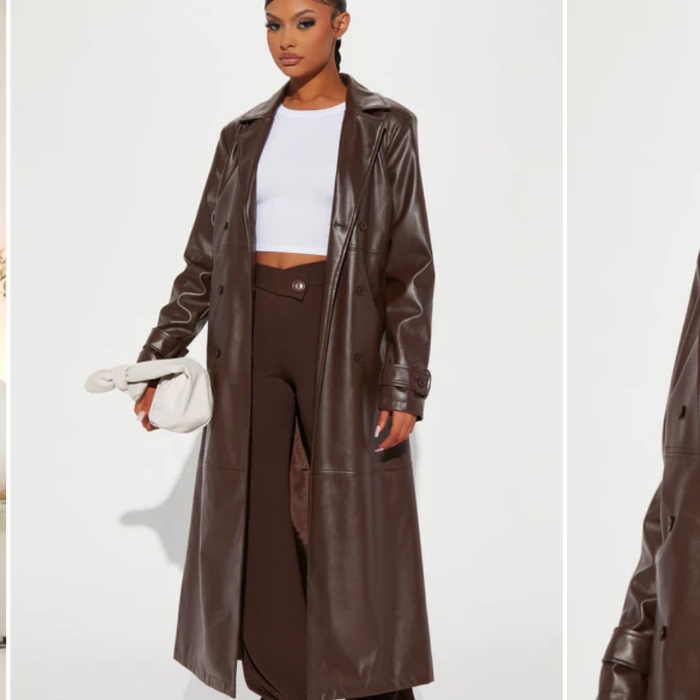 Brown faux leather trench coat